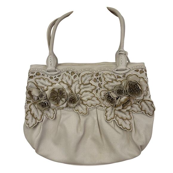 Brighton 3D Floral Appliqué Cream Soft Supple Leather Shoulder Handbag Purse - Picture 1 of 12
